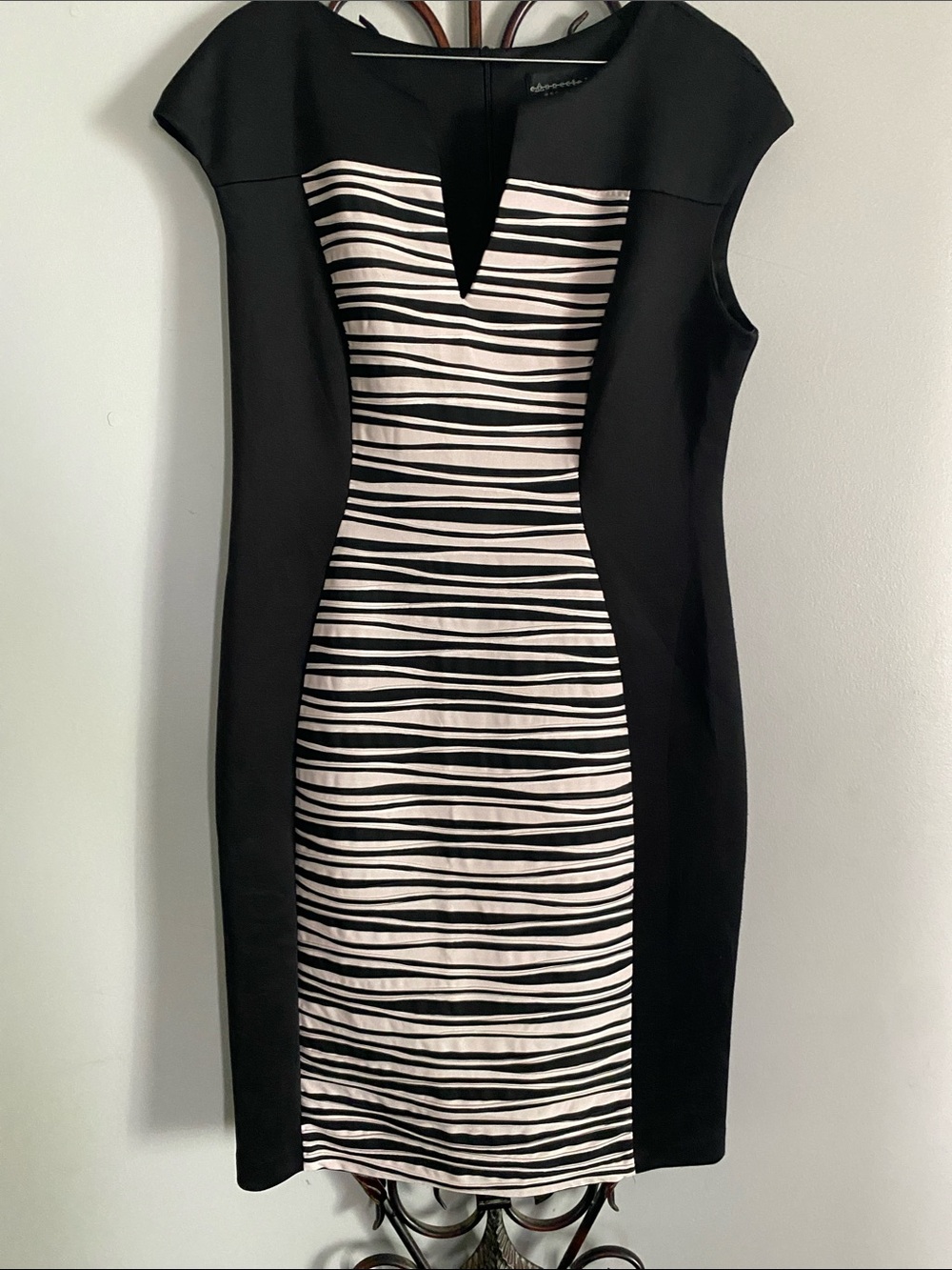connected apparel Black and White Striped Midi Dress